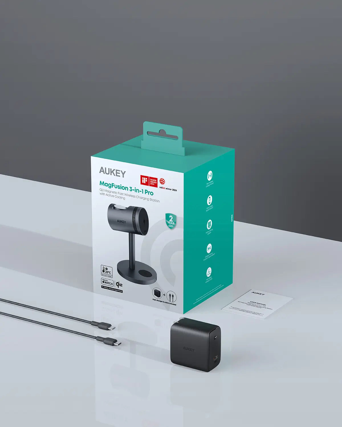Aukey MagFusion 3-in-1 Pro Qi2 Active Cooling Wireless Charging Station (LC-MC311A)