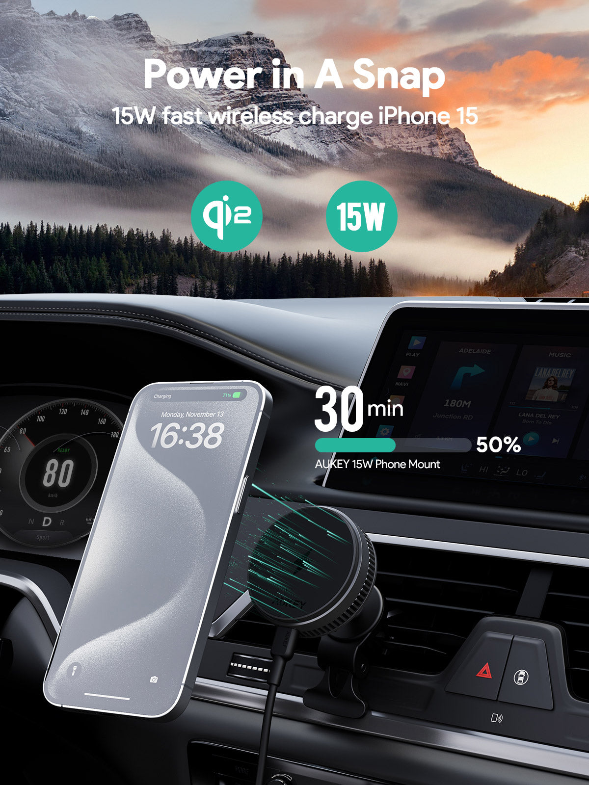 Aukey MagFusion Dash Pro Qi2 Active Cooling Wireless Charging Phone Mount (HD-MC13A)