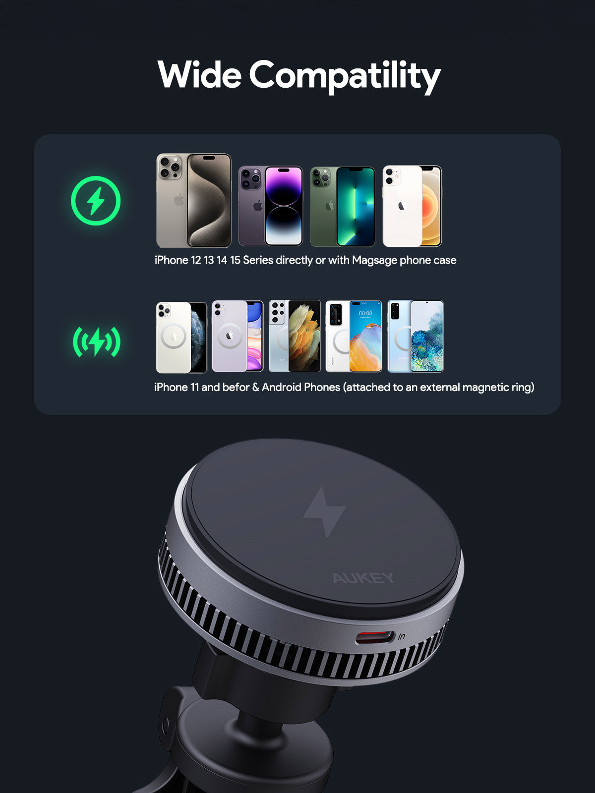 Aukey MagFusion Dash Pro Qi2 Active Cooling Wireless Charging Phone Mount (HD-MC13A)