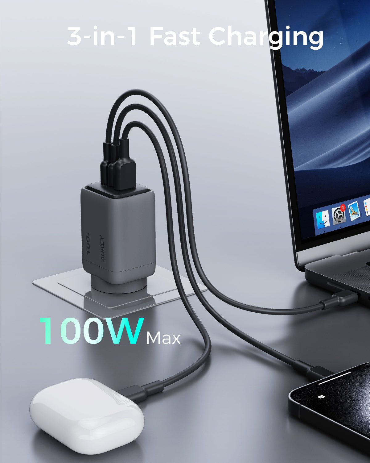 AUKEY PA-C5 Comet 100W PD Fast Wall Charger GaN USB-C with 100W 1.8m  USB-C to C Cable