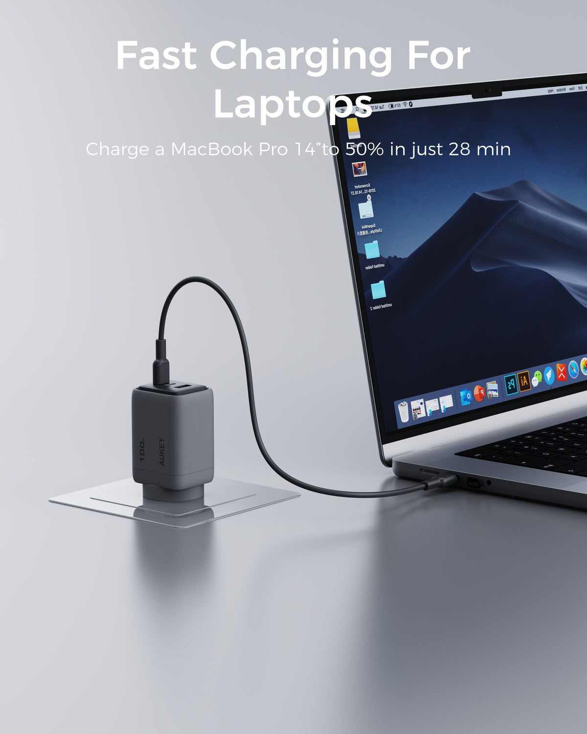 AUKEY PA-C5 Comet 100W PD Fast Wall Charger GaN USB-C with 100W 1.8m  USB-C to C Cable
