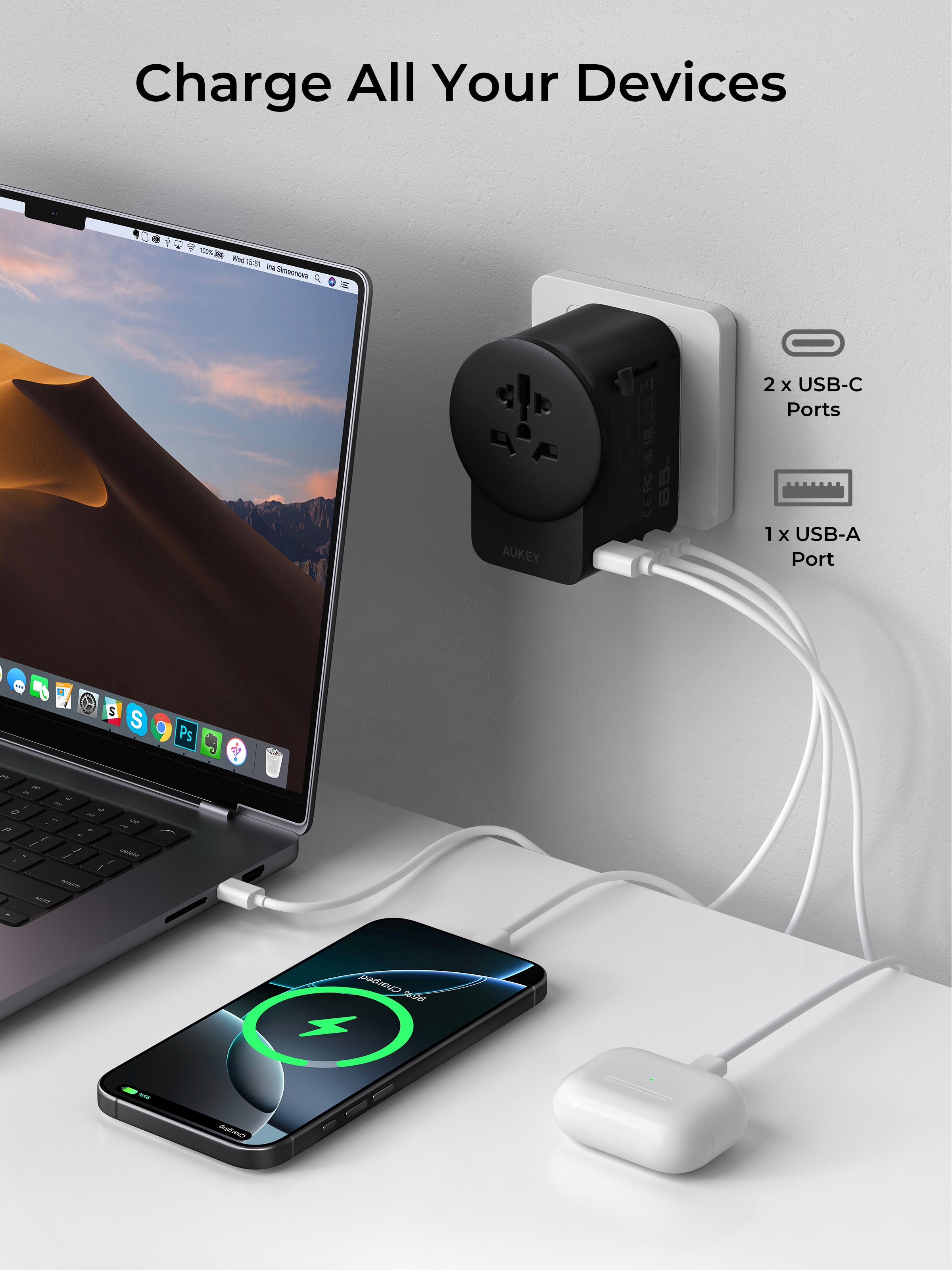 AUKEY PA-TA11A GlobeMate 65W GaN Universal Adapter with USB Ports