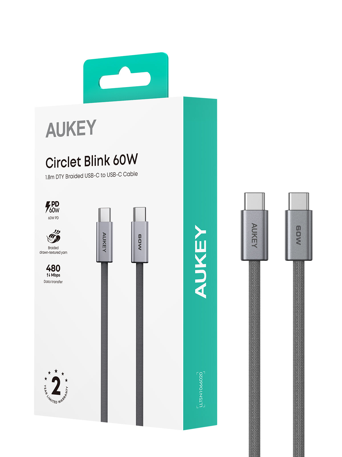 AUKEY CB-DCC062 Circlet Blink 1.8m 60W DTY Braided USB-C to C Cable