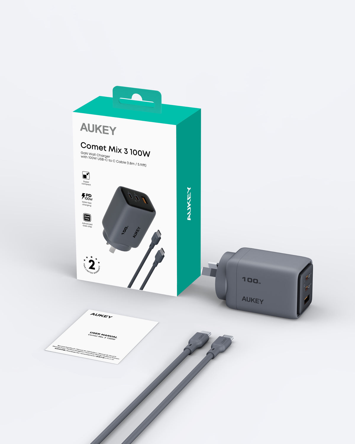 AUKEY PA-C5 Comet 100W PD Fast Wall Charger GaN USB-C with 100W 1.8m  USB-C to C Cable