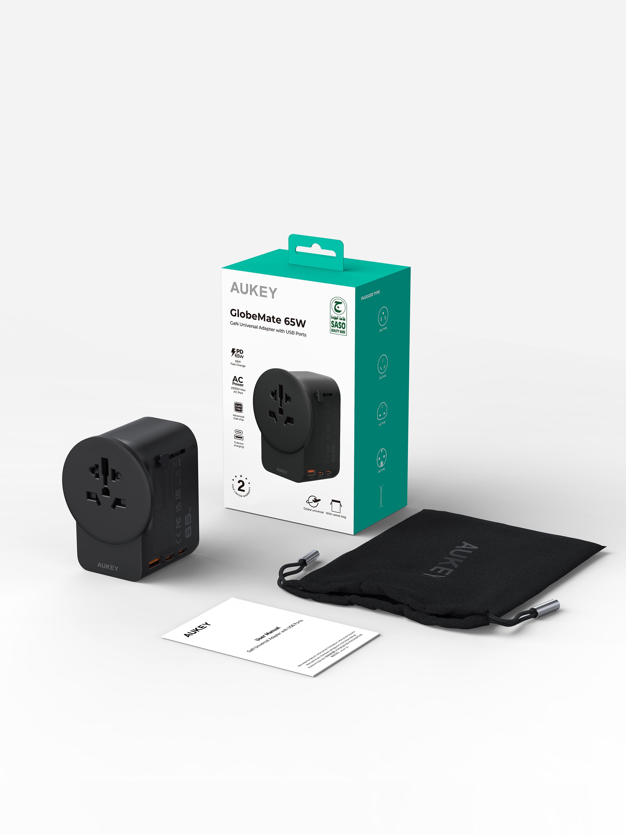 AUKEY PA-TA11A GlobeMate 65W GaN Universal Adapter with USB Ports